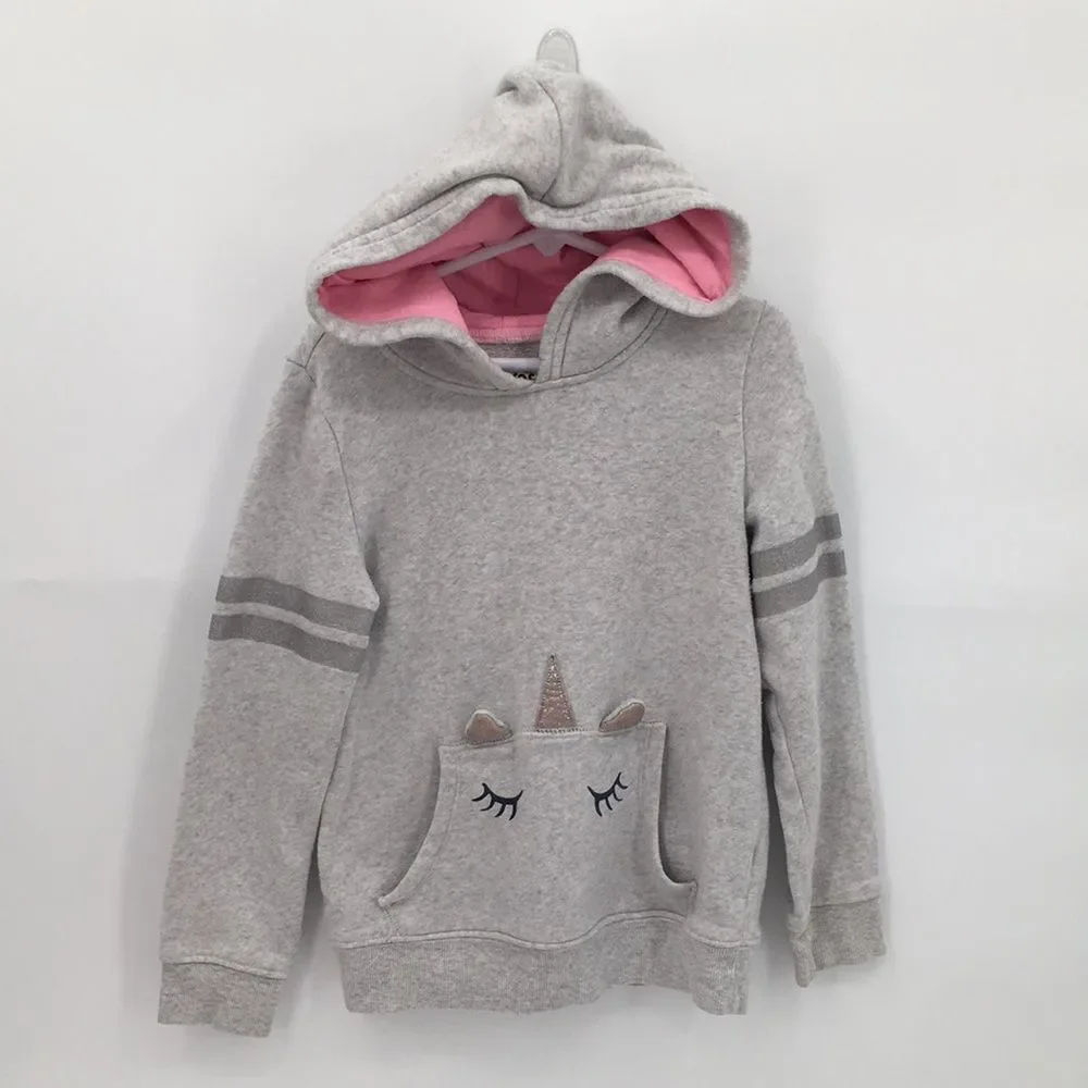 Oshkosh Girls' Gray Hooded Sweatshirt with Pink Lining and Unicorn Pocket 7